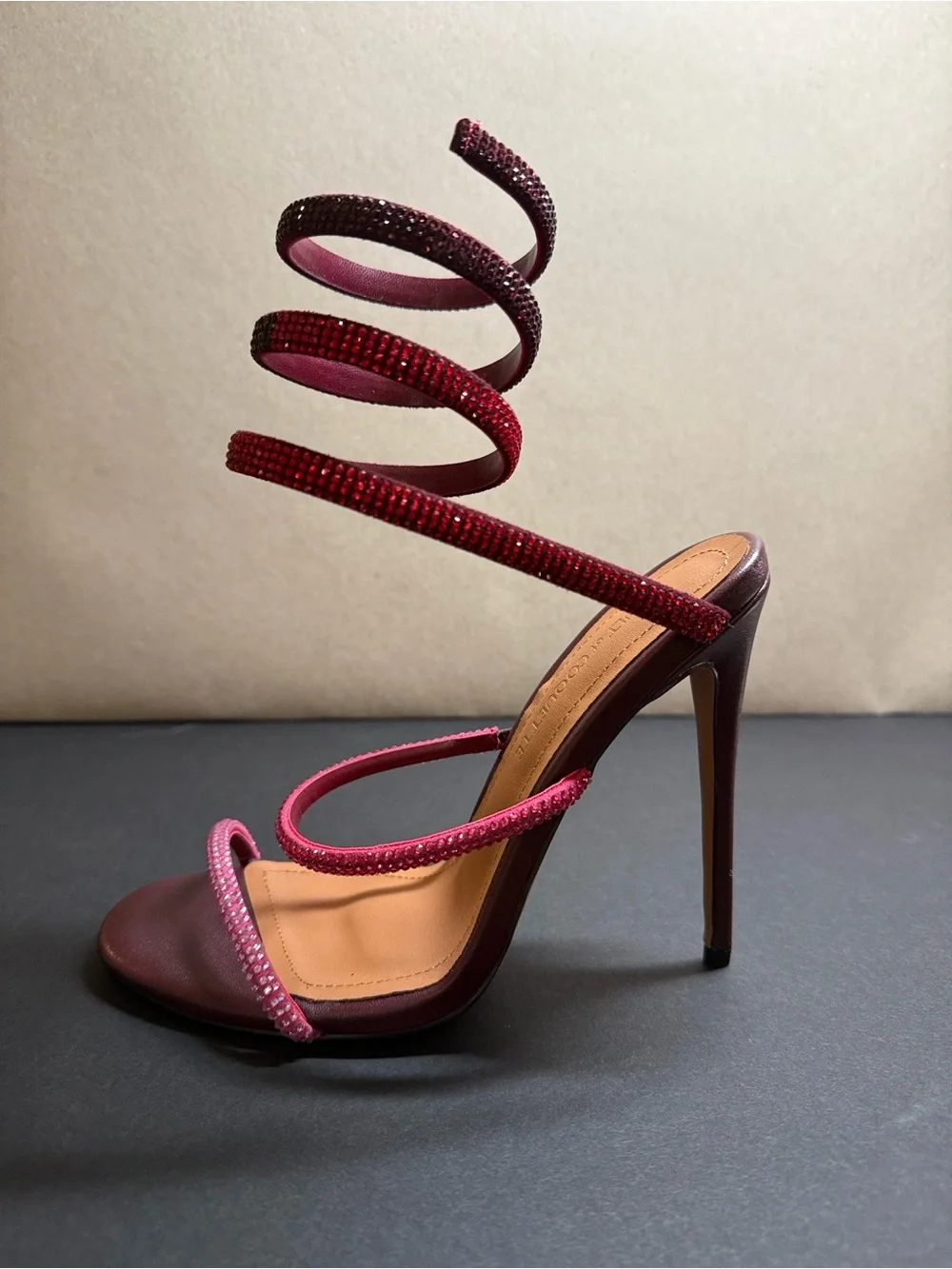Spiral Wrap Stiletto Sandals in Burgundy and Pink - New - With Box